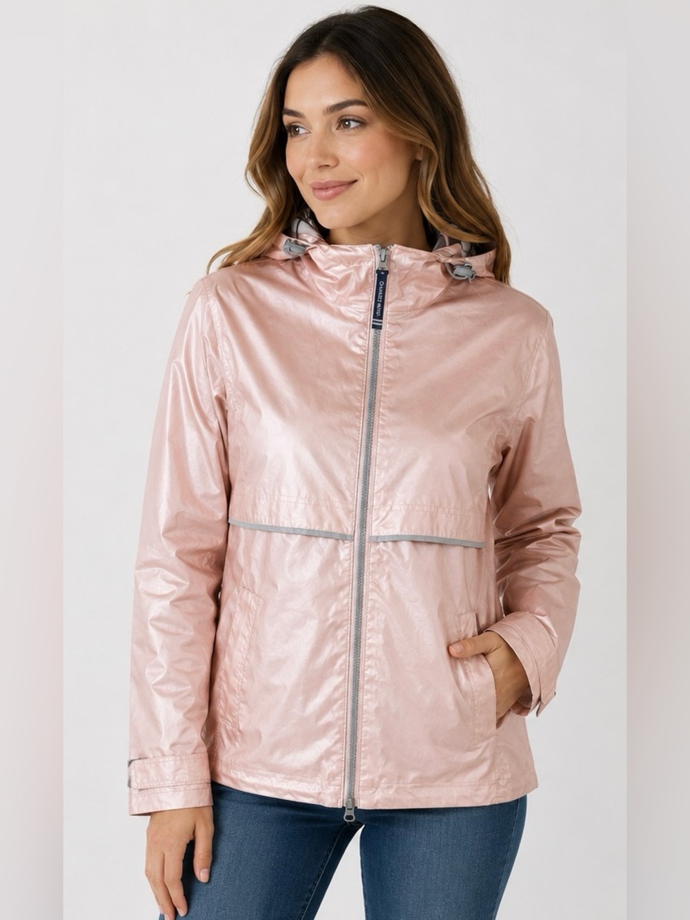 Charles River New Englander Rain Jacket XS Rose Gold Hooded Reflective Raincoat